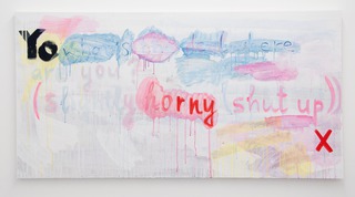 Yo What's The Deal Where Are You? (Slightly Horny Shut Up)) X (Bootycall, C), 2014, acrylic, marker on wood, 60 x 150 x 3 cm 