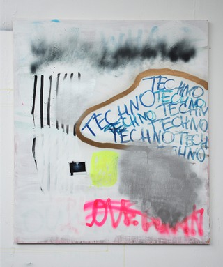 I LOVE BERLIN, 2015-16, acrylic, spray, marker, polaroid on wood, 130 x 120 cm