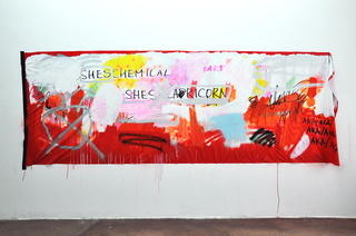 SHES CHEMICAL, 2016, acrylic, spray, tape on latex fabric, 150 x 500 cm