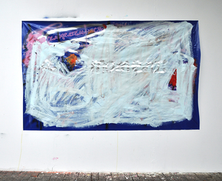 Samodeyatelnost, 2016, acrylic, spray on plastic fabric, 150 x 200 cm